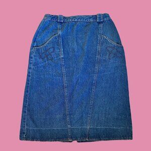 Vintage Y2K midi denim skirt with bedazzled pockets in front